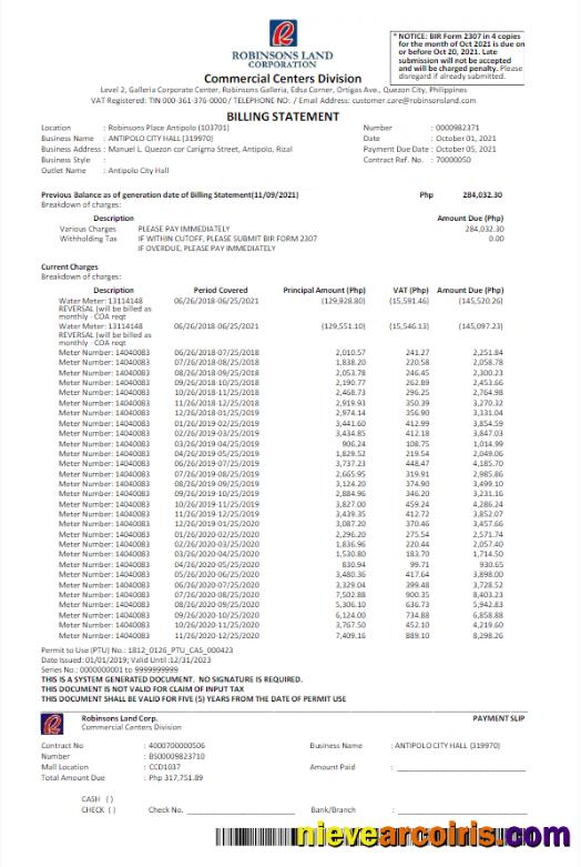 PHILIPPINES ROBINSON LAND CORPORATION utility bill